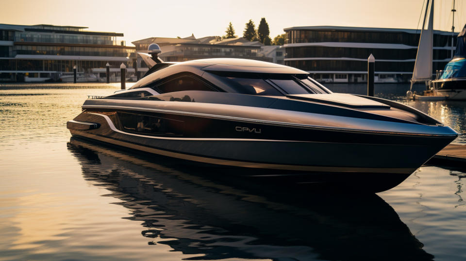 An electric boat docked at the marina, a symbol of Forza X1, Inc's superior manufacturing capabilities.