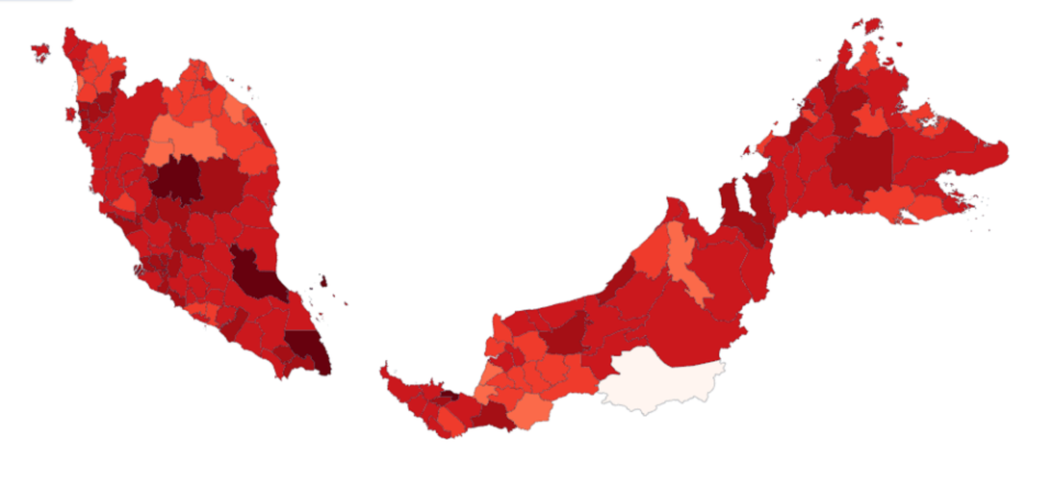 Department of Stats Malaysia map showing average prices of nasi campur in Malaysian districts. Darker colour means more expensive.