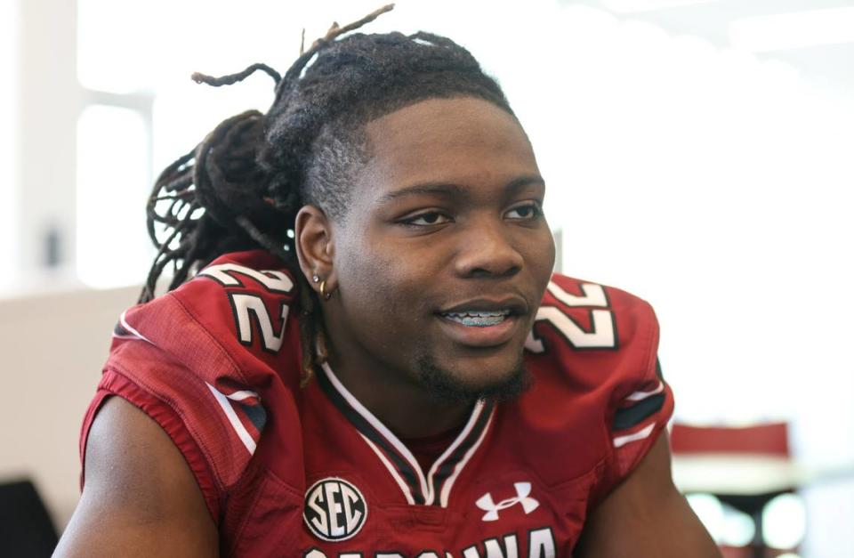 South Carolina Gamecock running back Jawarn Howell speaks to reporters during an interview in Columbia on Thursday, February 8, 2024. Sam Wolfe/Special To The State