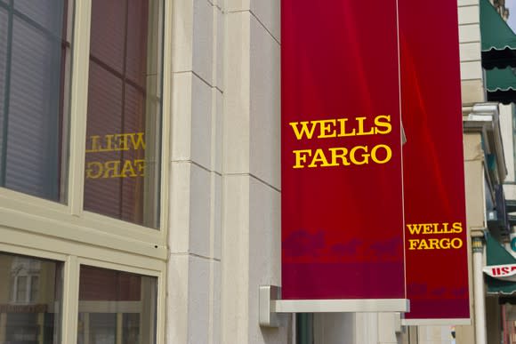 Red banners hanging outside a Wells Fargo branch.