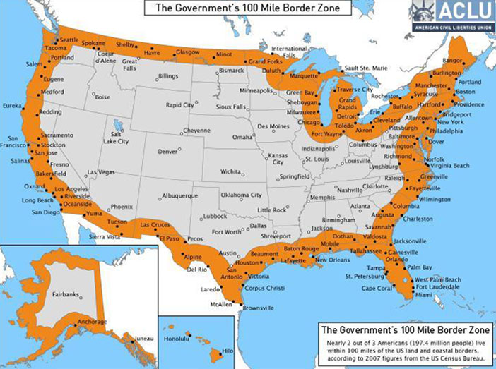 La “franja fronteriza” de 100 millas, a partir de la frontera o los puertos de entrada a Estados Unidos, en donde las autoridades de Inmigración pueden realizar inspecciones en vehículos, hacer detenciones y pedir documentos que prueben ciudadanía o estatus legal en el país. (ACLU)