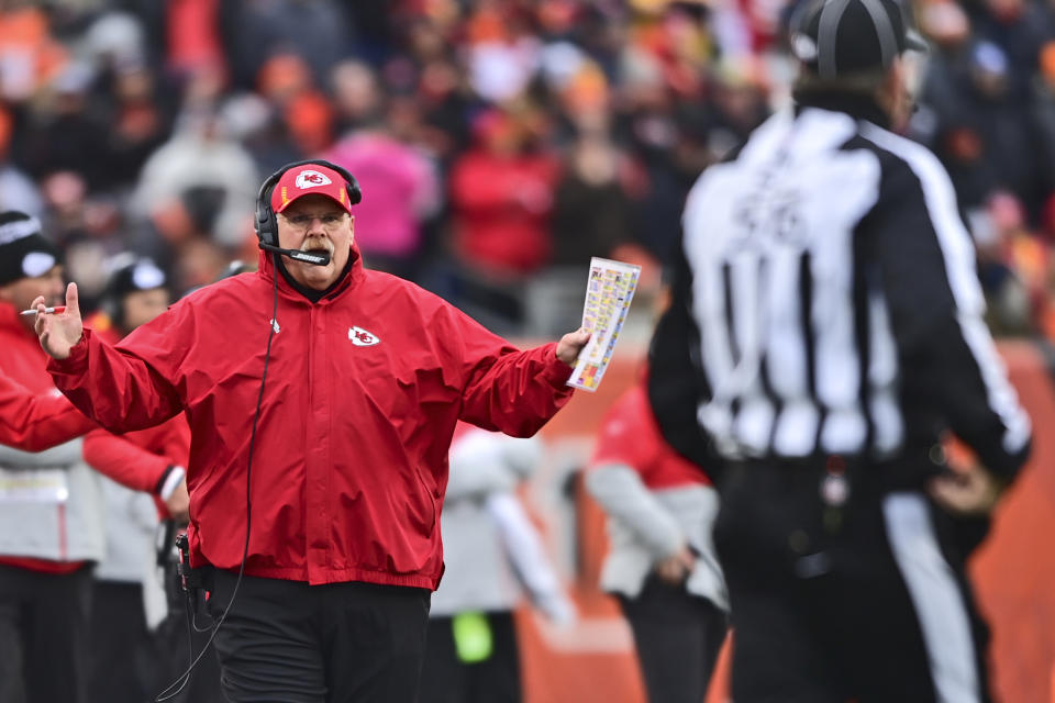 Kansas City Chiefs head coach Andy Reid argues a pass interference call during the first half of an NFL football game against the Cincinnati Bengals, Sunday, Jan. 2, 2022, in Cincinnati. (AP Photo/David Dermer)