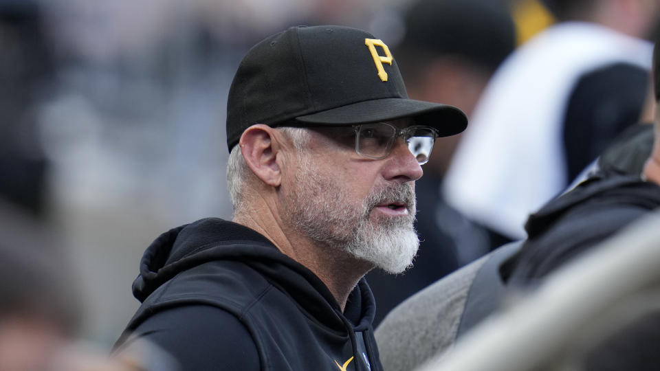 Pittsburgh Pirates manager Derek Shelton stands in the dugout during the second inning of a baseball game against the St. Louis Cardinals in Pittsburgh, Friday, June 2, 2023. (AP Photo/Gene J. Puskar)