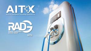 Image of an EV charging station and the AITX and RAD-G logos. AITX has announced that RAD-G will be supplying the EV charging infrastructure with RAD system-level components, adding safety and security features.