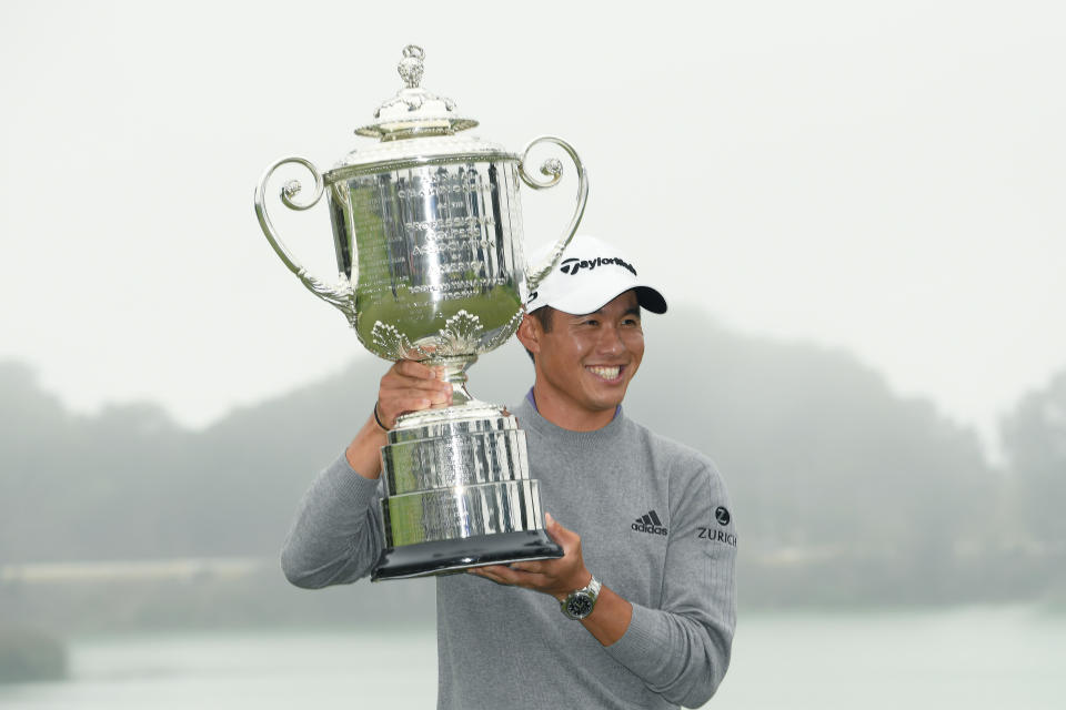 Collin Morikawa of the U.S. celebrates with the Wanamaker Trophy after the final round of the 2020 PGA Championship at TPC Harding Park on August 9, 2020, in San Francisco, California. / Credit: Harry how / Getty Images