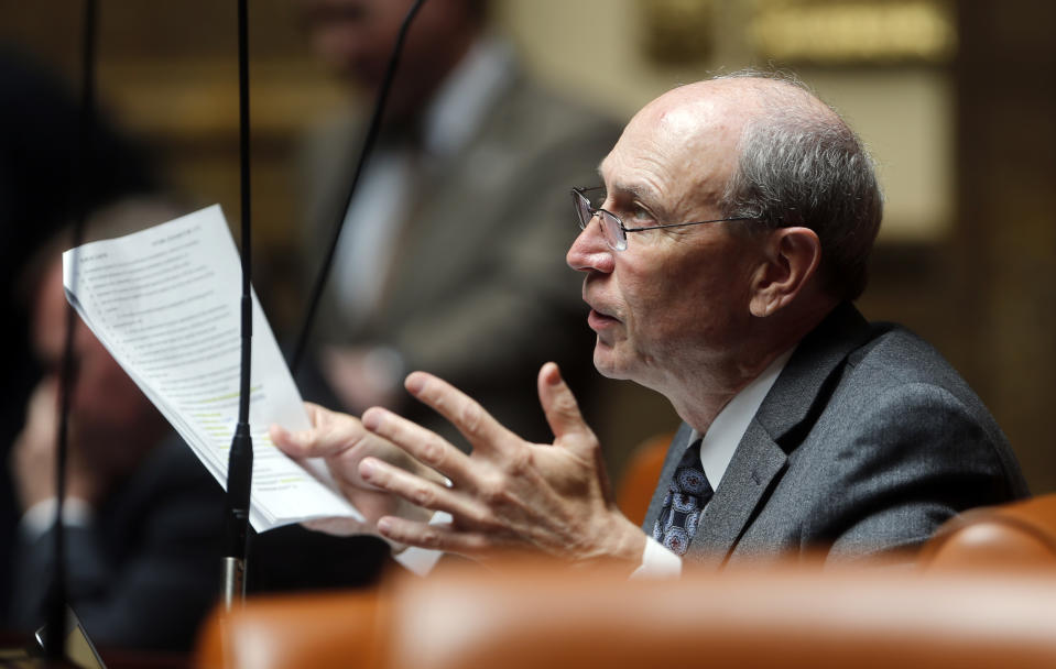 FILE - Republican Rep. Merrill Nelson speaks during a special session at the Utah State Capitol Wednesday, April 18, 2018, in Salt Lake City. Paul Adams, a member of the Mormon church, confessed he was abusing his daughter to his bishop, John Herrod, in 2010. In Arizona, clergy are among the professionals required to report child sexual abuse to police or child welfare officials. But when the bishop called the church’s “help line” for advice, Nelson, a lawyer representing the church, directed him to withhold the information from police and child welfare officials. (AP Photo/Rick Bowmer, File)