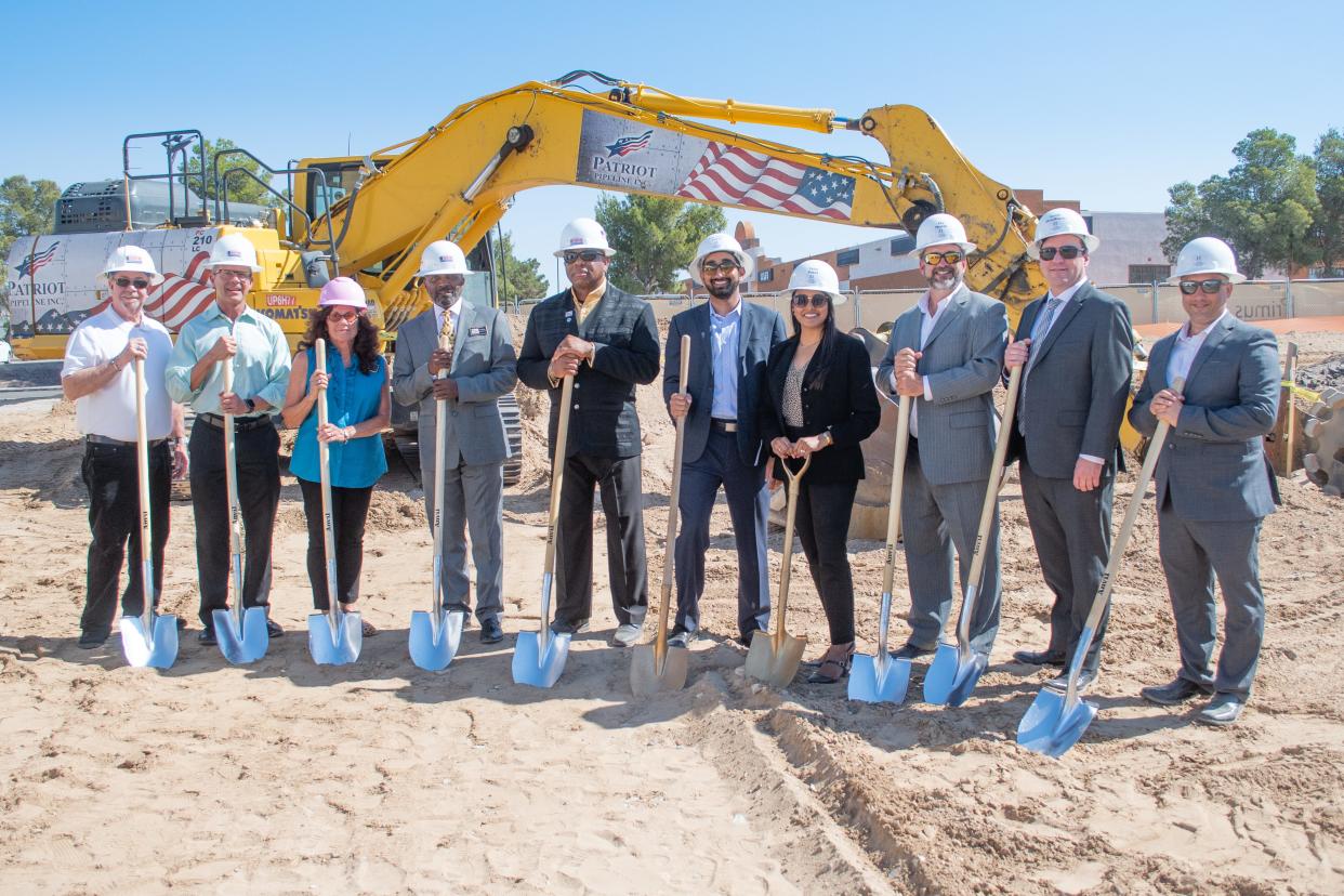 A groundbreaking ceremony is held for a dual-branded Marriott hotel in Barstow on July 7, 2021, with attendees including interim City Manager Jim Hart, Mayor Paul Courtney and the executives of Hotel Investment Group.