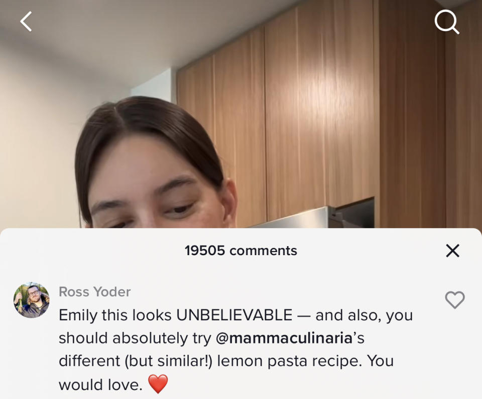Ross Yoder's comment: Emily this looks UNBELIEVABLE — and also, you should absolutely try @mammaculinaria's different (but similar!) lemon pasta recipe; you would love"