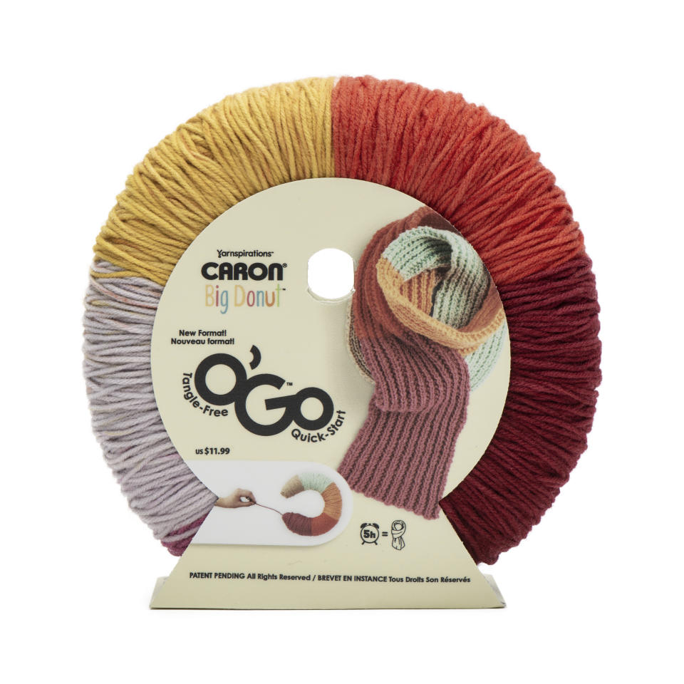 This photo provided by Yarnspirations shows a loop of Caron O’Go yarn. The new shape is available under several labels including Caron, Bernat and Red Heart. (Yarnspirations via AP)