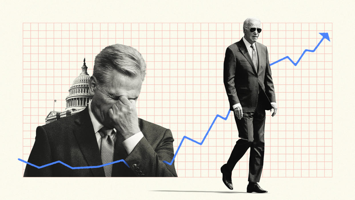  Joe Biden, Kevin McCarthy alongside an approval ratings graph 