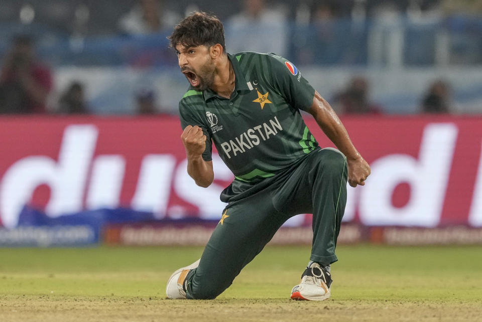 Pakistan's Haris Rauf celebrates the dismissal of Netherlands' Paul Van Meekeren during the ICC Men's Cricket World Cup match between Pakistan and Netherlands in Hyderabad, India, Friday, Oct. 6, 2023. (AP Photo/Eranga Jayawardena)