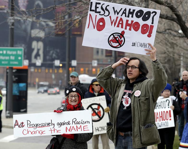 Fans protest Chief Wahoo before the Cleveland Indians 2018 home opener against the Kansas City Royals. (AP)