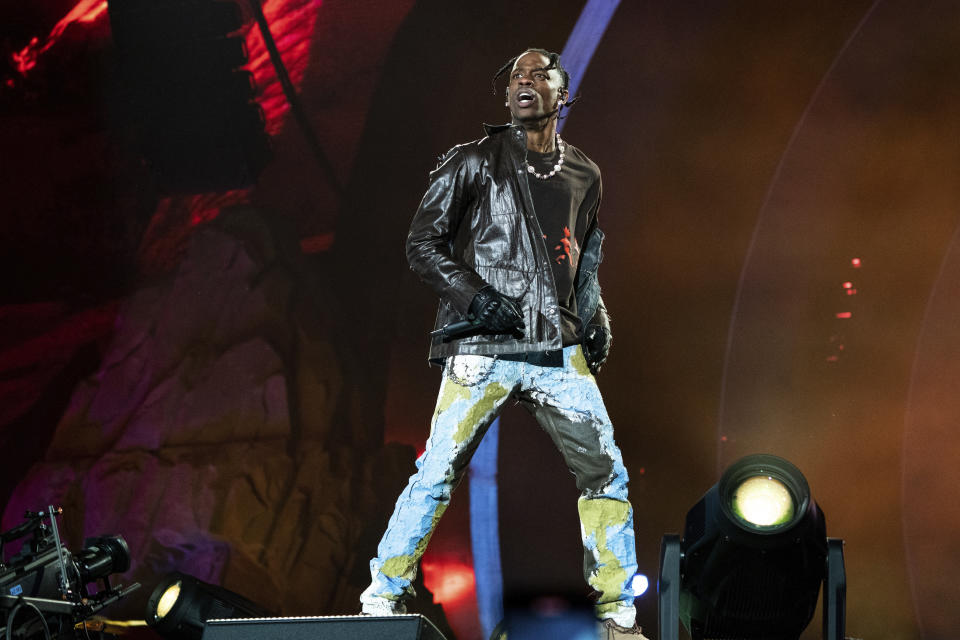 FILE - Travis Scott performs at Day 1 of the Astroworld Music Festival at NRG Park on Friday, Nov. 5, 2021, in Houston. A Texas grand jury has declined to indict Travis Scott in the criminal investigation into a massive crowd surge that killed 10 people at the 2021 Astroworld music festival in Houston, the rappers attorney said Thursday. (Photo by Amy Harris/Invision/AP, File)