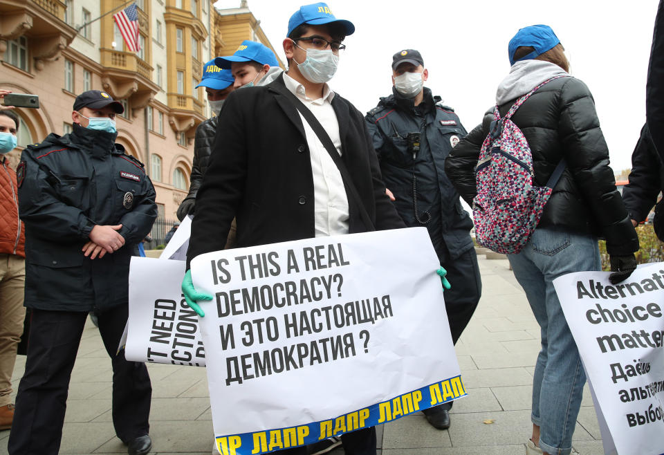 Russian Liberal Democratic Party Youth Organization rally by American Center in Moscow (Vyacheslav Prokofyev / TASS via Getty Images file)