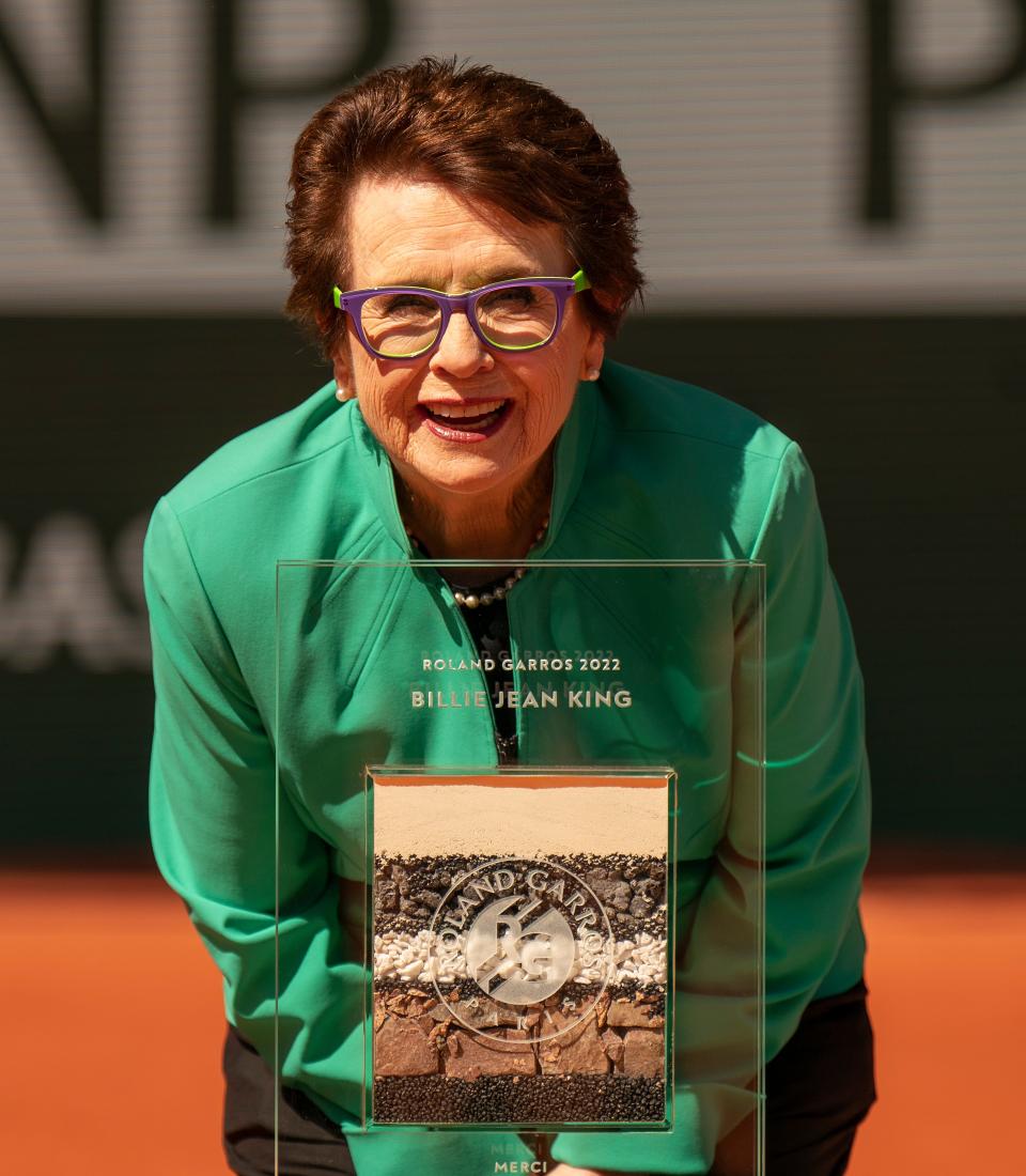 Billie Jean King is presented an award celebrating her 50 years in women's tennis on Day 12 of the French Open, on June 2, 2022 in Paris.