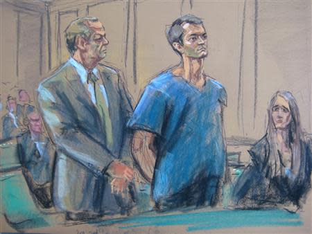 Ross Ulbricht , who prosecutors say created the underground online drugs marketplace Silk Road, makes an initial court appearance with his attorneys Joshua Dratel (L) and Lindsay Lewis (R) in New York, February 7, 2014. REUTERS/Jane Rosenberg