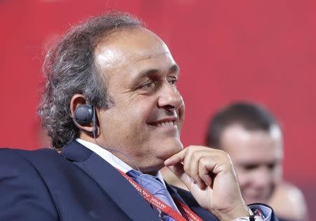 UEFA President Michel Platini smiles before the preliminary draw for the 2018 FIFA World Cup at Konstantin Palace in St. Petersburg, Russia July 25, 2015. REUTERS/Maxim Shemetov