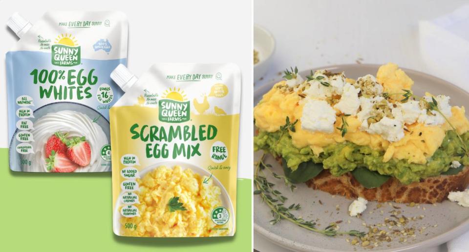 Egg pouches now sold at Woolworths plus a photo of scrambled eggs made with a pouch's content. Source: Sunny Queen