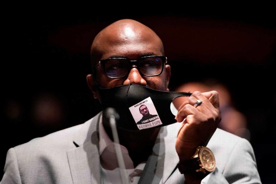 Philonise Floyd, brother of George Floyd, listens during a House Judiciary Committee Capitol hearing on police practices and law enforcement responsibility triggered by George Floyd’s death while in police custody on June 10 2020, in Washington, DC.