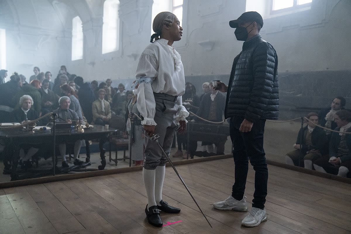 kelvin harrison jr and director stephen williams on the set of chevalier photo by larry horricks courtesy of searchlight pictures © 2023 20th century studios all rights reserved