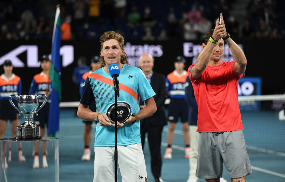 Matthew Ebden and Max Purcell deliver their remark after they lost the men's double match at the Australian Open.