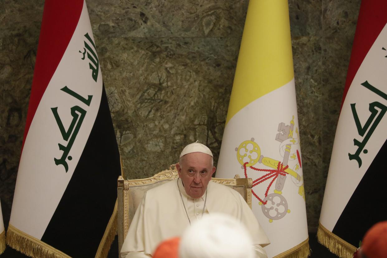 Pope Francis meets authorities and civil society at Baghdad's Presidential Palace, Iraq, Friday, March 5. 