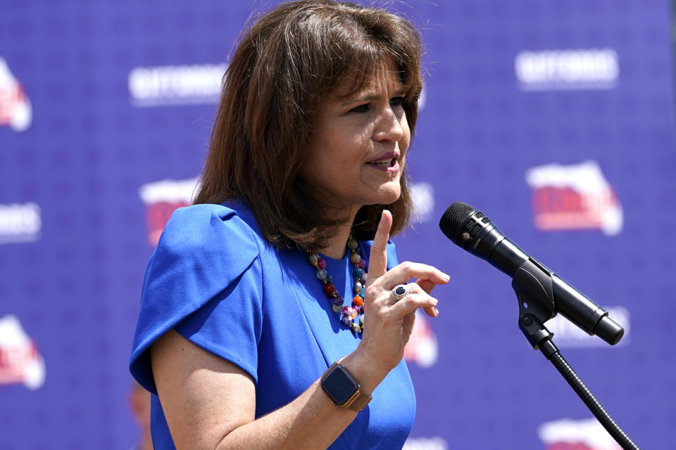 Florida Sen. Annette Taddeo speaks at the kick off of the Giffords Florida bus tour, Thursday, Sept. 8, 2022, in Miami. Giffords Florida was launched by Giffords, the national gun violence prevention organization led by former Rep. Gabrielle Giffords of Arizona, in support of Florida candidates to end gun violence. Taddeo is challenging U.S. Rep. Maria Elvira Salazar, a Republican, in the midterm elections. (AP Photo/Lynne Sladky)