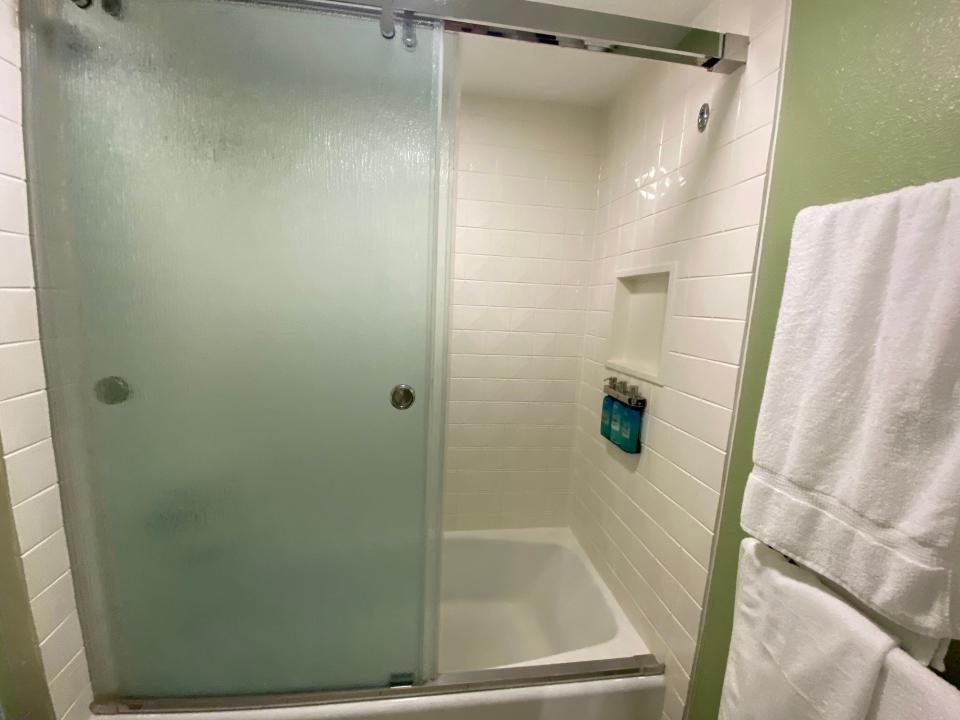 A view of the shower in the All-Star Movies hotel rooms.