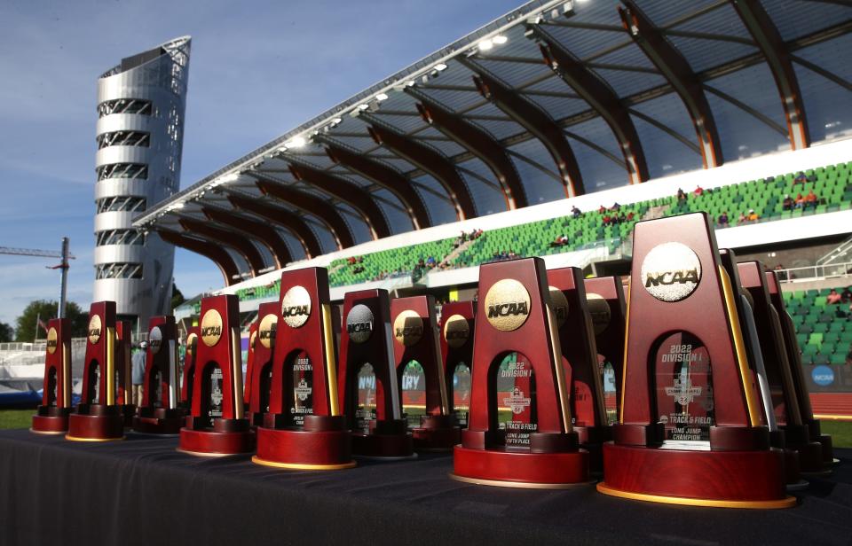 Trophies await their new owners on day one of the NCAA Outdoor Track & Field Championships Wednesday at Hayward Field in Eugene.