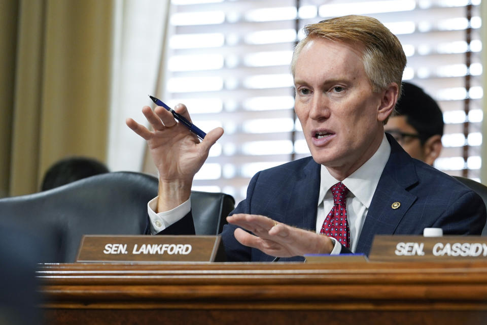 FILE - Sen. James Lankford, R-Okla., speaks during a Senate Energy and Natural Resources hearing to examine the President's proposed budget request for fiscal year 2023 for the Department of Energy, May 5, 2022, on Capitol Hill in Washington. Lankford is facing off against Tulsa evangelical pastor Jackson Lahmeyer, a political newcomer endorsed by Trump’s former National Security Advisor Michael Flynn in the Republican primary on Tuesday, June 28. (AP Photo/Mariam Zuhaib, File)