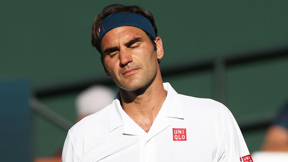 Roger Federer reacts with disappointment after a point at Indian Wells.