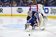 Apr 20, 2019; St. Louis, MO, USA; St. Louis Blues goaltender Jordan Binnington (50) defense the net during the second period in game six of the first round of the 2019 Stanley Cup Playoffs against the Winnipeg Jets at Enterprise Center. Mandatory Credit: Jeff Curry-USA TODAY Sports