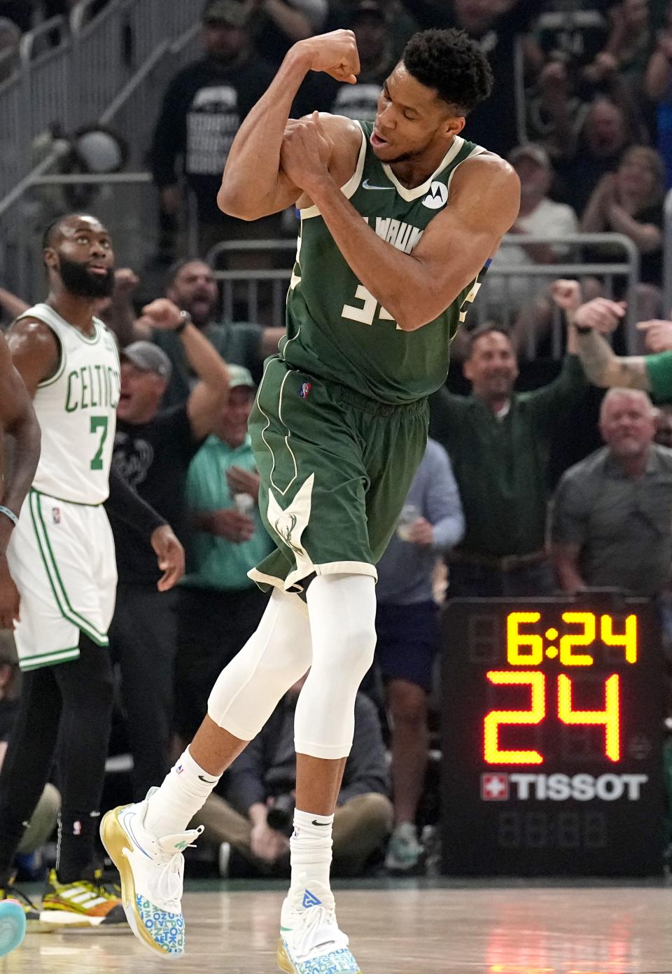 Bucks forward Giannis Antetokounmpo averaged 31.7 points, 14.2 rebounds and 6.8 assists in 12 playoff games against the Bulls and Celtics.