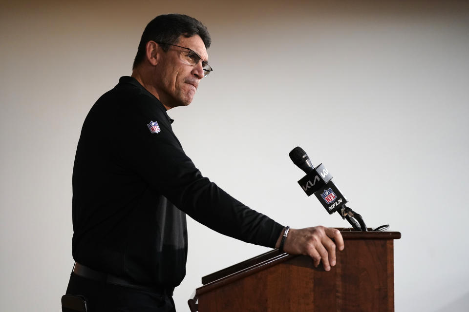 Washington Commanders head coach Ron Rivera talks to reporters after a 24-10 loss to the Cleveland Browns, Sunday, Jan. 1, 2023, in Landover, Md. (AP Photo/Patrick Semansky)
