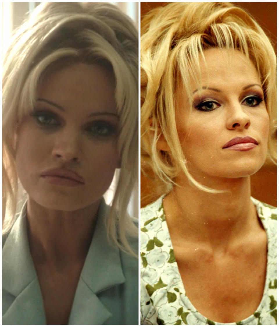 Lily James in "Pam & Tommy" vs. the real Pamela Anderson