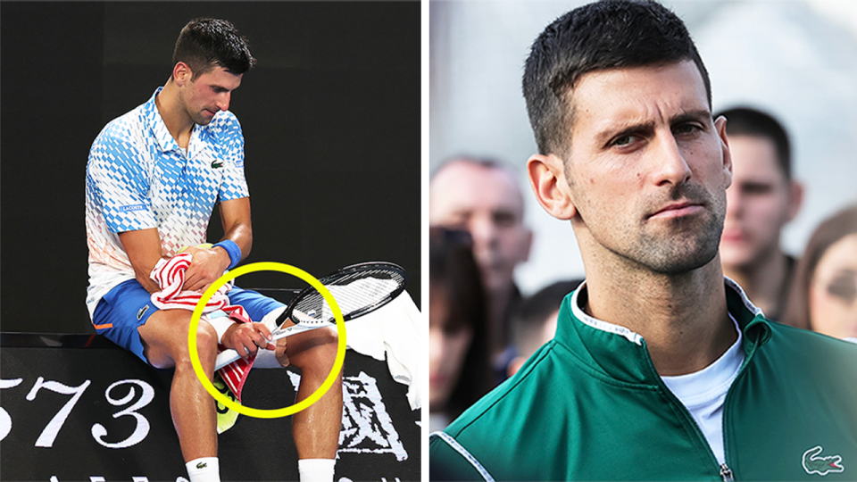 Novak Djokovic (pictured right) speaking to reporters and (pictured left) Djokovic taking a rest at the Australian Open.