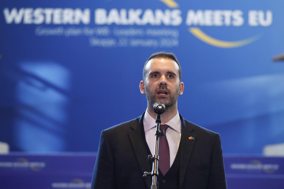 Montenegro's Prime Minister Milojko Spajic speaks during doorstep statements, prior to the Western Balkans meets EU, Growth plan for WB - Leaders meeting, in Skopje, North Macedonia, on Monday, Jan. 22, 2024. (AP Photo/Boris Grdanoski)