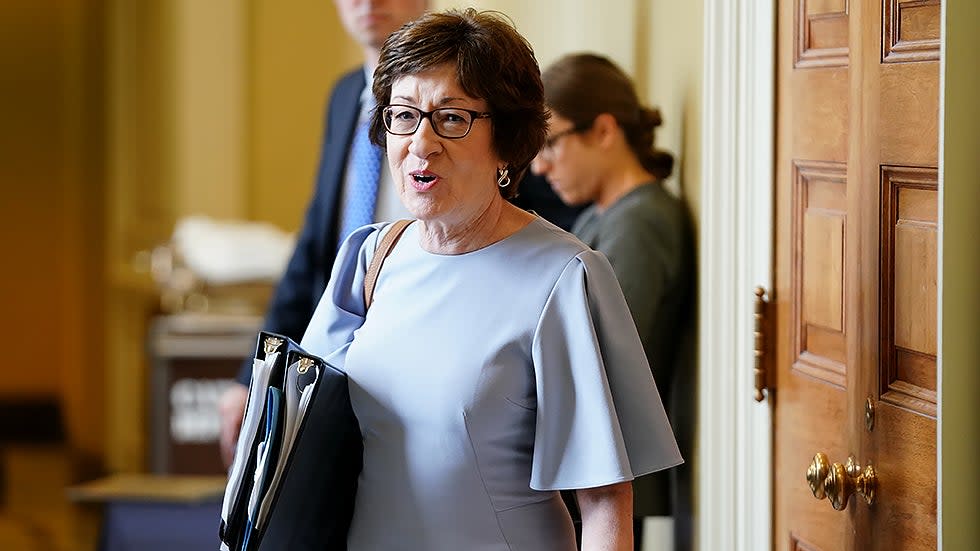 Sen. Susan Collins (R-Maine) leaves a meeting with Senate Republicans to discuss the bipartisan infrastructure bill on Wednesday, July 28, 2021.