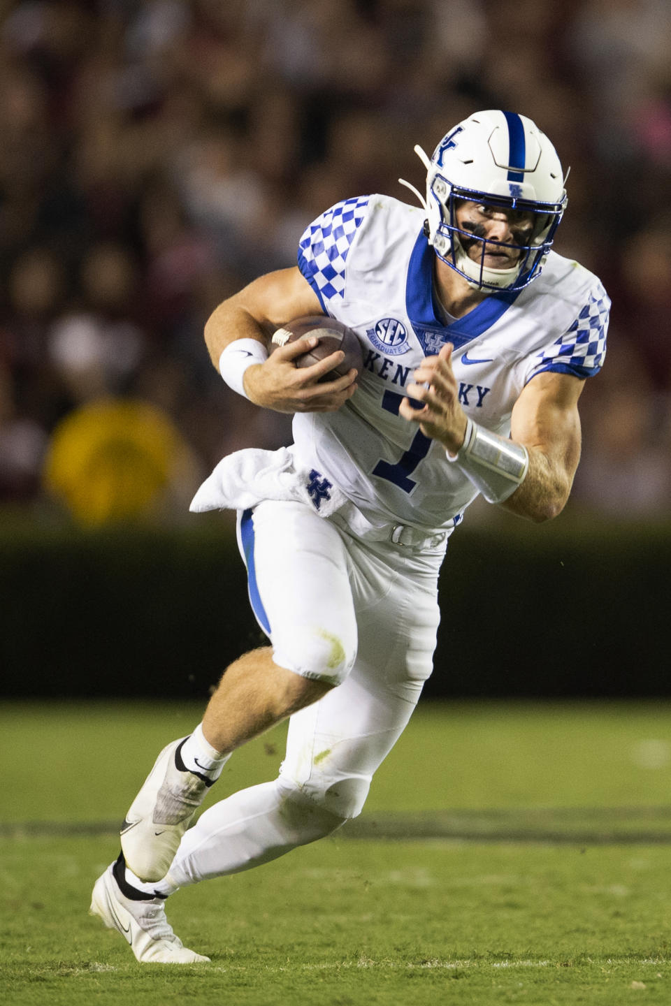 Kentucky quarterback Will Levis (7) runs with the ball in the second half of an NCAA college football game against South Carolina, Saturday, Sept. 25, 2021, at Williams-Brice Stadium in Columbia, S.C. (AP Photo/Hakim Wright Sr.)