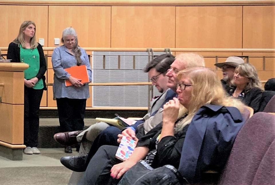 Shasta County Registrar of Voters Cathy Darling Allen, second from left, and Assistant Registrar of Voters Joanna Francescut, listen Tuesday, March 28, 2023, during a Board of Supervisors meeting discussion about hand-counting ballots.