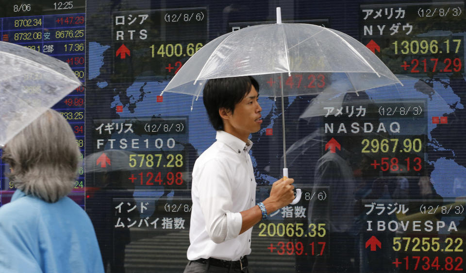 A man walks by an electronic stock indicator in Tokyo Monday, Aug. 6, 2012. Asian stock markets rose sharply in early trading Monday, boosted by stronger-than-expected U.S. hiring figures for July following three months of weak job gains. (AP Photo/Shizuo Kambayashi)