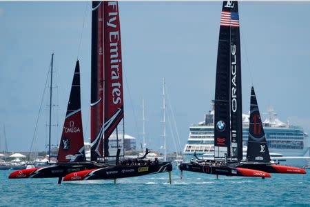 Sailing - America's Cup finals - Hamilton, Bermuda - June 26, 2017 - Emirates Team New Zealand leads Oracle Team USA in race nine of America's Cup finals. REUTERS/Mike Segar