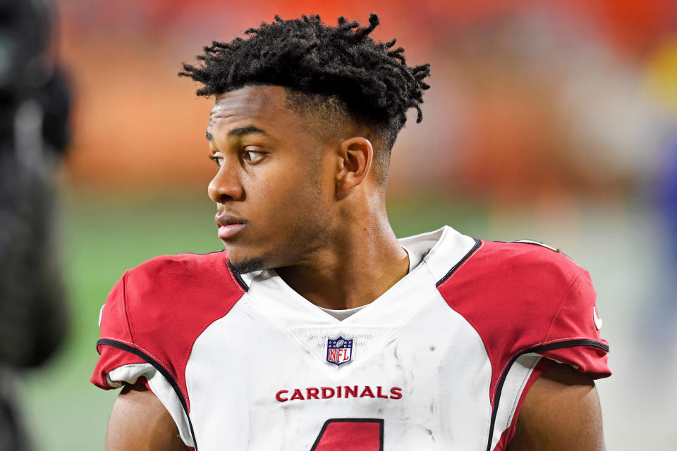 CLEVELAND, OH - OCTOBER 17: Rondale Moore #4 of the Arizona Cardinals walks off the field after the 37-14 win against the Cleveland Browns at FirstEnergy Stadium on October 17, 2021 in Cleveland, Ohio. (Photo by Nick Cammett/Diamond Images via Getty Images)