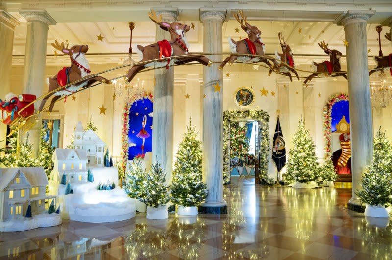 Holiday decor is seen in the Entrance Hall of the White House during a holiday media preview in Washington on Monday. First Lady Jill Biden announced the 2023 White House holiday theme: The "Magic, Wonder, and Joy" of the holidays. Photo by Leigh Vogel/UPI