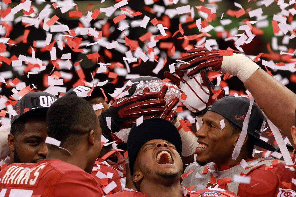 NEW ORLEANS, LA - JANUARY 09: Marquis Maze #4 of the Alabama Crimson Tide after defeating Louisiana State University Tigers in the 2012 Allstate BCS National Championship Game at Mercedes-Benz Superdome on January 9, 2012 in New Orleans, Louisiana. Alabama won the game by a score of 22-0. (Photo by Ronald Martinez/Getty Images)