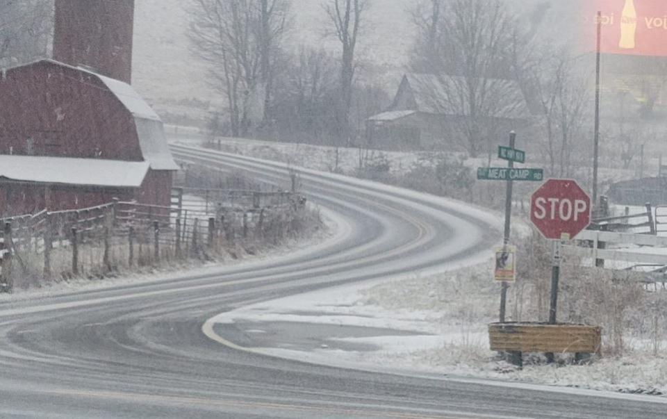 Snow late Monday afternoon along Meat Camp Road near the same community in Watauga County. Photo courtesy: Samantha Bradshaw