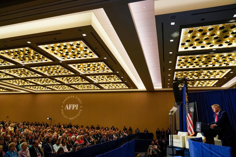 Former President Donald Trump speaks at an America First Policy Institute agenda summit at the Marriott Marquis in Washington, Tuesday, July 26, 2022. (AP Photo/Andrew Harnik) ORG XMIT: DCAH361