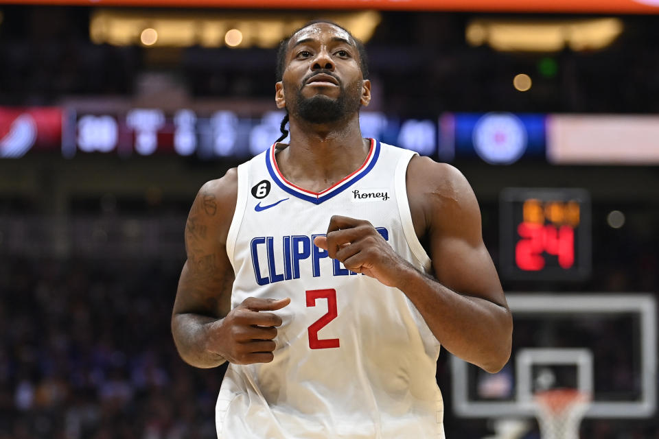 SEATTLE, WASHINGTON - OCTOBER 03: Kawhi Leonard #2 of the Los Angeles Clippers looks on during the first half of the preseason game against the Portland Trail Blazers at Climate Pledge Arena on October 03, 2022 in Seattle, Washington. The Los Angeles Clippers won 102-97. NOTE TO USER: User expressly acknowledges and agrees that, by downloading and or using this photograph, User is consenting to the terms and conditions of the Getty Images License Agreement. (Photo by Alika Jenner/Getty Images)