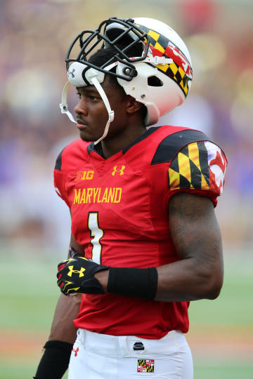 Aug 30, 2014; College Park, MD, USA; Maryland Terrapins wide receiver Stefon Diggs (1) watches the action from the sidelines during the game against the James Madison Dukes at Byrd Stadium. (Mitch Stringer-USA TODAY Sports)