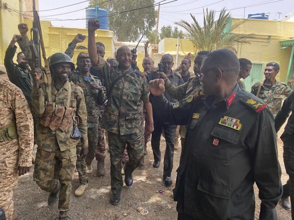 In this photo released by the Sudanese Army on Tuesday, May 30, 2023, Gen. Abdel-Fattah Burhan visits the troops in Khartoum, Sudan. (Sudanese Army via AP)